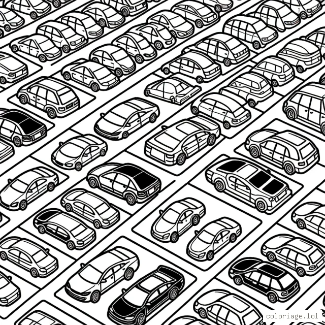 Plein de voitures de différentes marques sont rangées dans un grand parking. Chaque marque a sa propre section. Les enfants peuvent colorier les voitures avec les couleurs qu'ils préfèrent. Peux-tu imaginer à quoi cela pourrait ressembler quand tout sera coloré ? C'est parti !