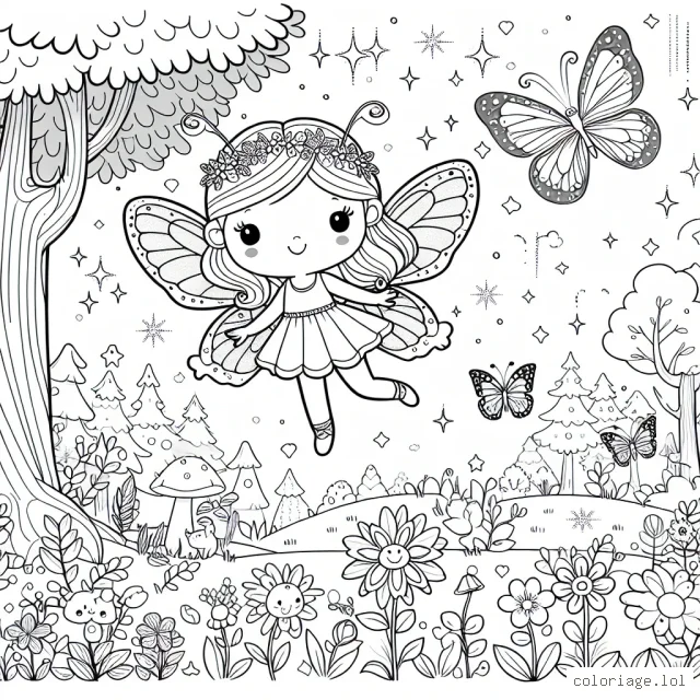 Une petite fée mignonne, volant dans une forêt enchantée remplie de fleurs colorées, d'animaux curieux et d'arbres majestueux. Elle est entourée de papillons brillants