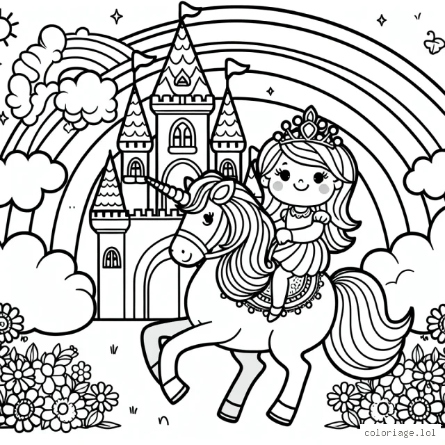 Une princesse couronnée monte sur un magnifique poney licorne en face d'un grand château féerique. Il y a aussi un arc-en-ciel lumineux et plein de fleurs multicolores dans le ciel.