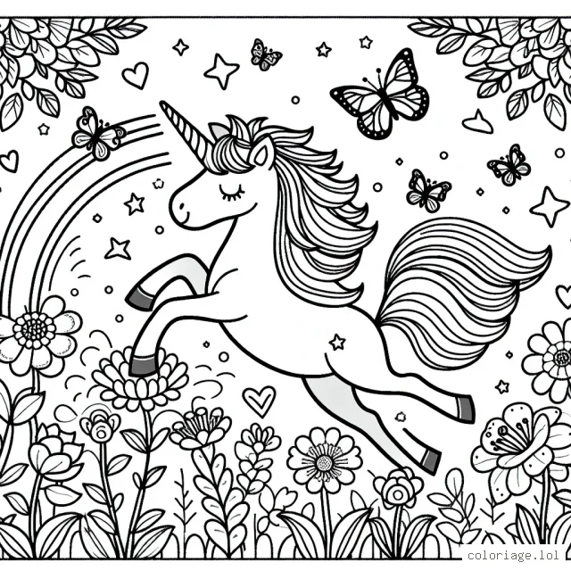 Dans un jardin enchanteur, il est une licorne magique qui joue avec des papillons. Elle éclabousse d'arcs-en-ciel tous les fleurs autour d'elle en sautant avec joie.