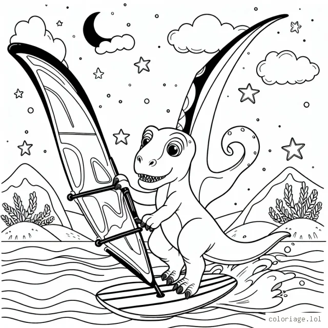Dans un monde fantastique, un dinosaure qui fait de la planche à voile