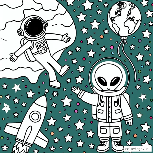 Un astronaute qui flotte à côté de sa navette spatiale rencontre un extraterrestre vert et sympathique au milieu des étoiles colorées avec la Terre en arrière-plan.