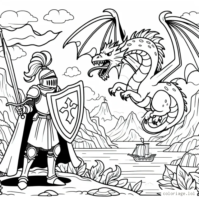 Un chevalier courageux protégeant son royaume contre un dragon féroce dans un paysage fantastique