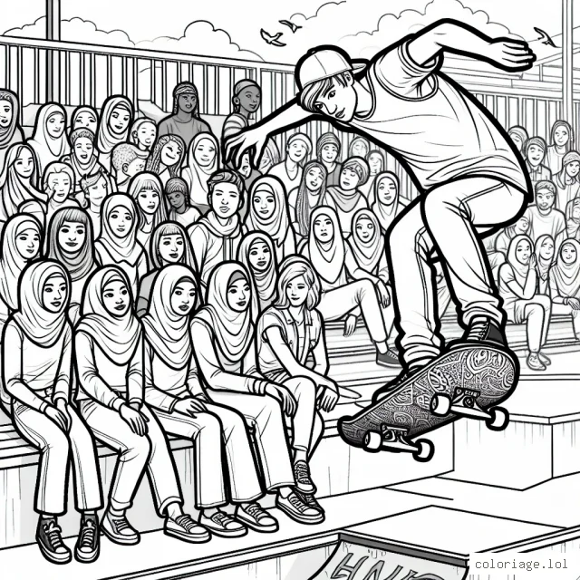 Un skateboarder exécutant un trick audacieux dans un skatepark urbain, avec des graffitis en toile de fond et une foule impressionnée qui regarde