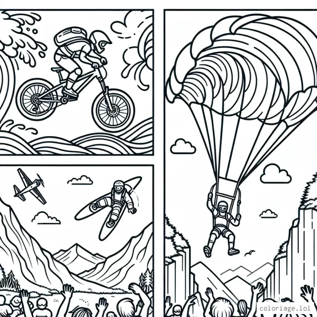 Un vététiste dévalant une pente raide d'une montagne, un surfeur attrapant une vague massive, un parachutiste plongeant dans le ciel bleu et un grimpeur d'escalade défiant les hauteurs. Quelques fans encouragent sur le côté.