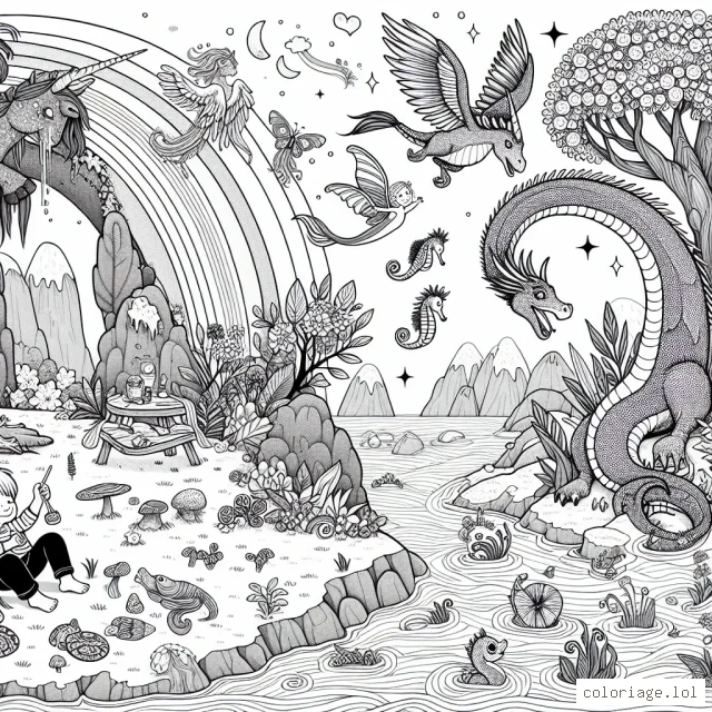 Sur une île mystique peuplée de créatures fantastiques, un dragon protège la jungle et un phénix règne sur le ciel. Une licorne traverse une cascade d'arc-en-ciel et un groupe de sirènes jouent avec des hippocampes colorés dans l'océan. Dans un coin, un lutin souriant pique-nique sous un arbre avec des fruits scintillants et des fleurs éclatantes.