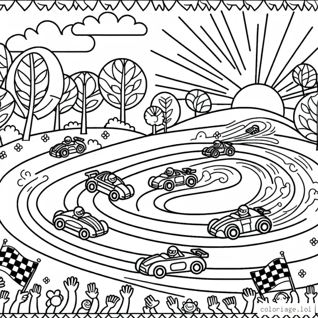Une course dynamique de voitures amusantes sur un circuit sinueux, avec des arbres, des fans et un soleil rayonnant dans le ciel.