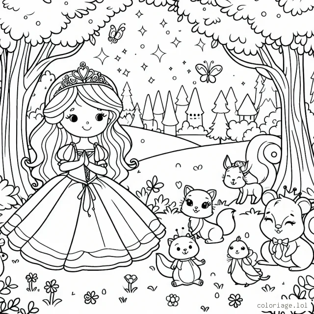 Une princesse féerique jouant avec des amis animaux dans une forêt enchantée