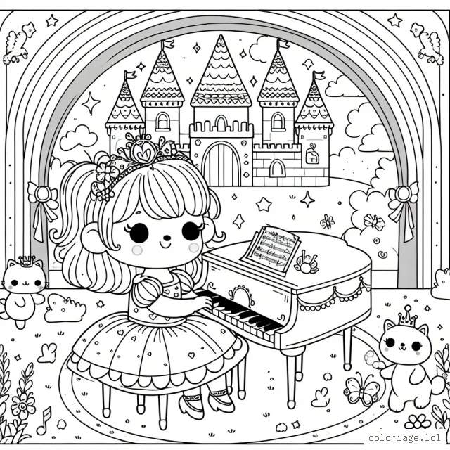 Dessin d'une petite princesse jouant du piano dans son château coloré, entourée de ses animaux de compagnie magiques