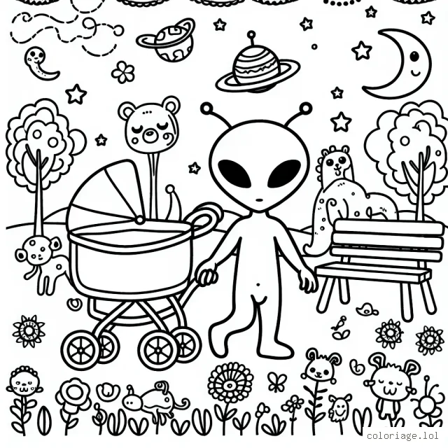 Un extraterrestre se promène dans un parc rempli de drôles d'animaux