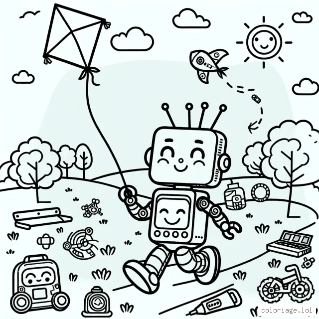 Un petit robot se baladant gaiement dans un parc ensoleillé fait même planer son cerf-volant. Autour de lui, divers gadgets et objets qu'il a fabriqués.