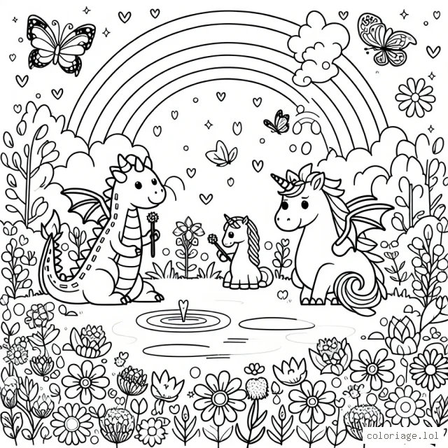 Dessine un dragon amical jouant avec des licornes dans un jardin magique remplit de papillons multicolores, de fleurs éblouissantes et d'arcs-en-ciel brillants.