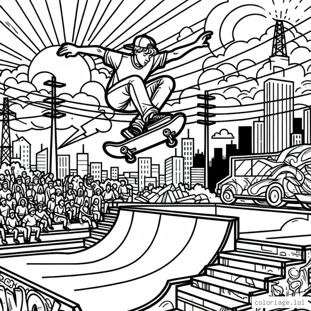 Imaginez un skateur professionnel exécutant une figure complexe sur une mega rampe d'un parc de skate, avec un paysage urbain dynamique en arrière-plan. Vous voyez les bâtiments, les graffitis sur les murs, un ciel couvert de lignes électriques, des spectateurs impressionnés sur les côtés qui encouragent le skateur et le soleil qui se couche avec des couleurs vives étalées dans le ciel.