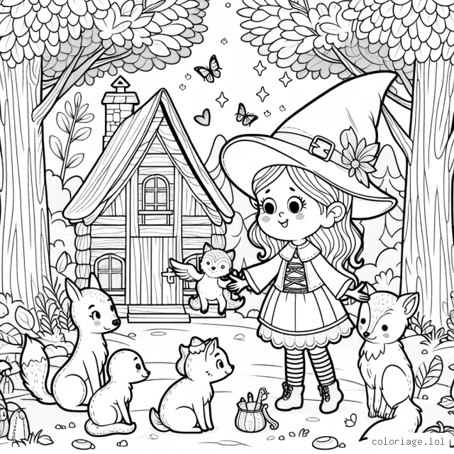 Une gentille petite sorcière joue avec ses amis animaux dans une forêt enchantée.