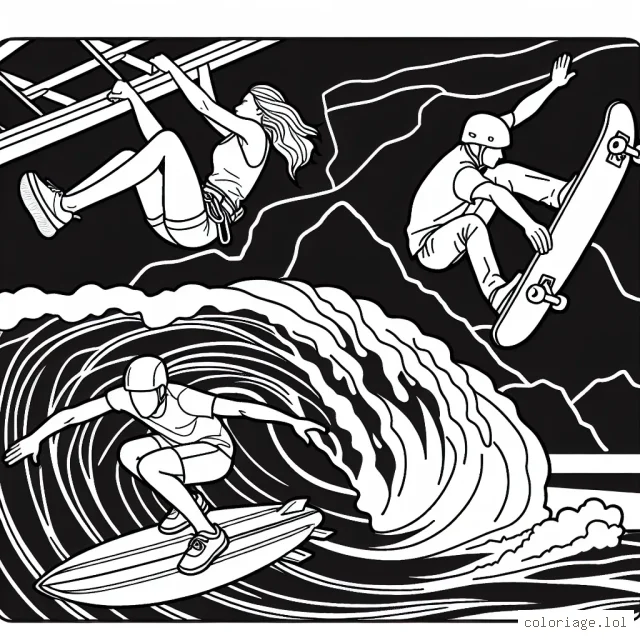 Dessine un parcours de course d'obstacles extrême avec un grimpeur, un surfeur et un skateur faisant des figures spectaculaires