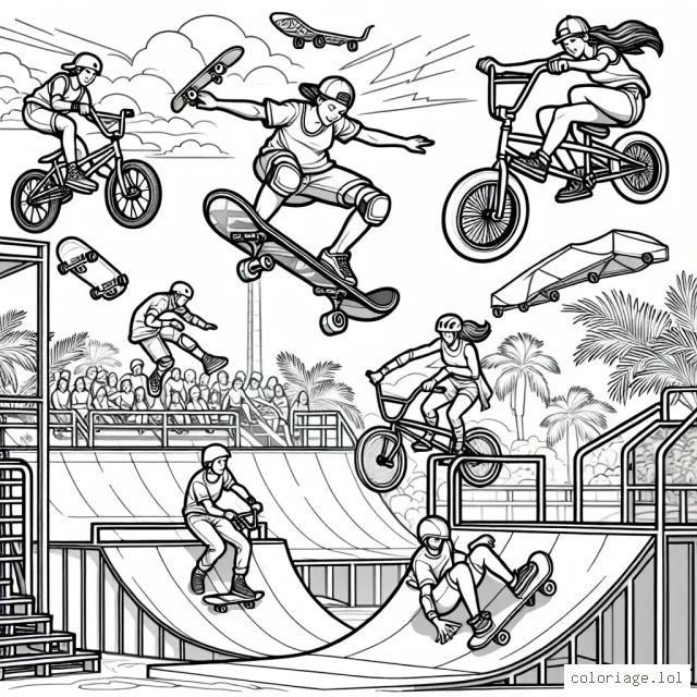 Dessine un parc d'attractions pour les sports extrêmes avec des sportifs en action sur leurs engins favoris.