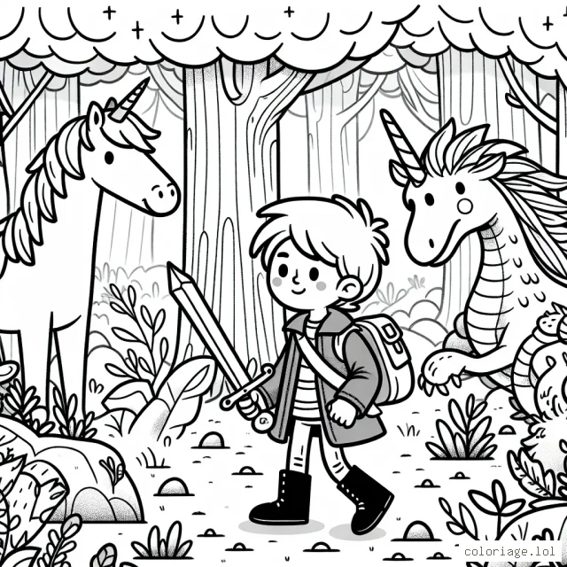Un petit garçon courageux part à l'aventure avec son épée en bois à travers une forêt mystérieuse pleine de créatures fantastiques. Il rencontre une licorne amicale, un dragon féroce mais pas méchant et un vieil arbre sage pour lui donner des conseils.