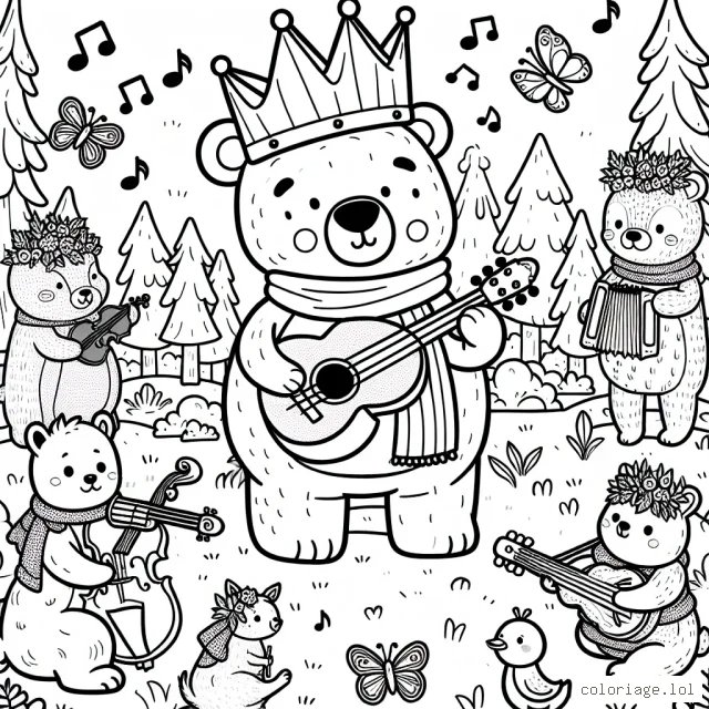 Un ours portant une couronne, entouré d'animaux de la forêt jouant des instruments de musique