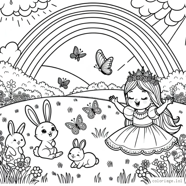 Dans une belle prairie, une jeune princesse joue avec de joyeux lapins et de mignons papillons avec un grand arc-en-ciel en arrière-plan.