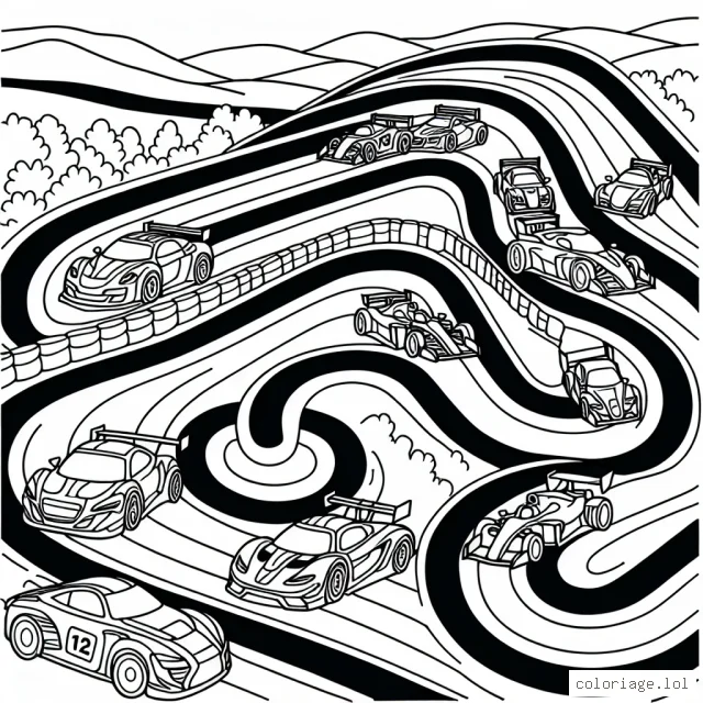 Dessine un ballet de voitures multicolores se disputant une course palpitante sur une piste sinueuse. N'oublie pas de colorier le magnifique paysage qui l'entoure.