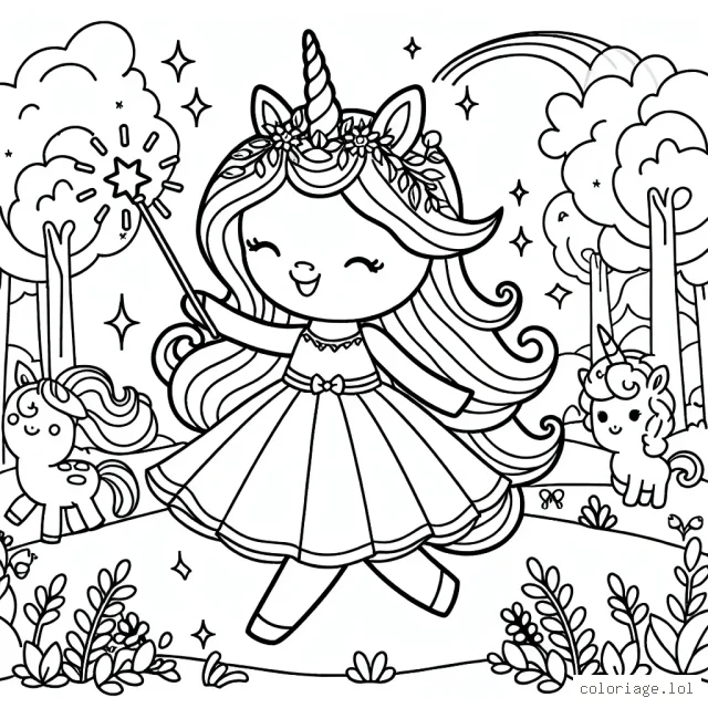 Une princesse licorne très joyeuse se promène gracieusement dans une forêt enchantée peuplée de créatures sympathiques. Elle tient un sceptre magique qui émet de la lumière.