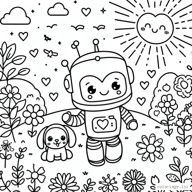Un petit robot mignon avec un grand cœur brillant marche avec un chiot dans un jardin rempli de joyeuses fleurs, sous un ciel radieux gorgé de soleil et d'oiseaux.