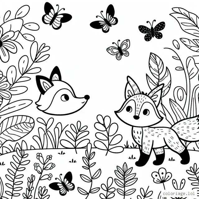 Imagine un petit renard rusé se promenant à travers un jardin botanique coloré. Il s'arrête pour s'émerveiller devant une variété de plantes et de fleurs exotiques, des papillons de toutes sortes voltigeant autour.