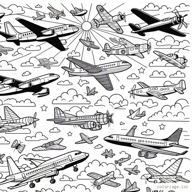 Un spectacle aérien spectaculaire est en cours ! Sur votre page blanche, une multitude d'avions de différents types volent dans le ciel. Vous avez des avions de chasse, des avions de ligne, des avions à hélices et même quelques jolis avions en papier. Créez-vous un magnifique ciel bleu, ou pourquoi pas un lever ou coucher de soleil, avec des avions de toutes les couleurs.