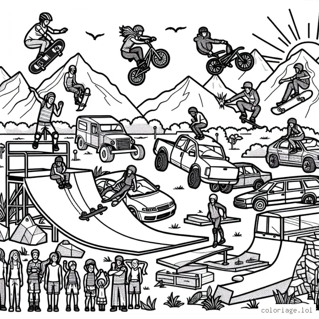 Imaginez un parc de sports extrêmes rempli d'athlètes pratiquant différentes disciplines. Un skateur dans une rampe demi-lune, une personne en BMX sautant au-dessus de plusieurs voitures, un alpiniste sur une grande montagne et un surfeur surfant sur une énorme vague. Dessinez aussi la foule en admiration devant ces exploits et le soleil qui brille dans le ciel.