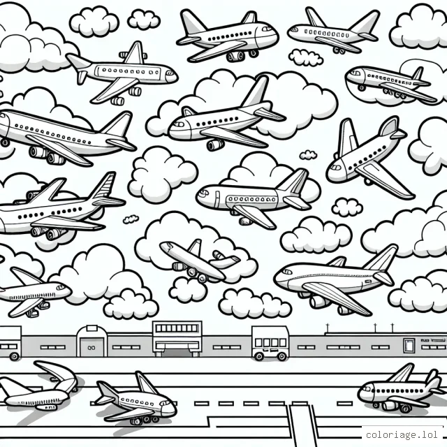 Imagine des avions de différentes tailles, formes et designs volants dans le ciel rempli de nuages. Certains avions sont à l'arrêt sur la piste, prêts à décoller. Il y a aussi des avions qui viennent d'atterrir et qui sont manœuvrés pour être garés. Les enfants peuvent ajouter des couleurs vives pour rendre la scène plus vivante.
