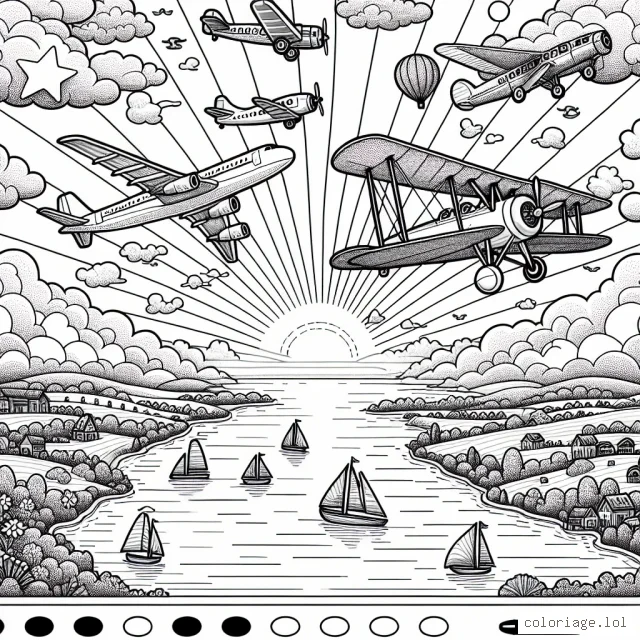 Un tableau impressionnant montrant une variété d'avions volant dans un ciel ensoleillé et animé, avec de petites îles et un océan scintillant en dessous. Les avions vont d'un avion de passagers moderne à un biplan vintage, avec différentes formes et tailles pour ajouter de l'intérêt. Il y a aussi quelques montgolfières à distance, ajoutant un élément de surprise!