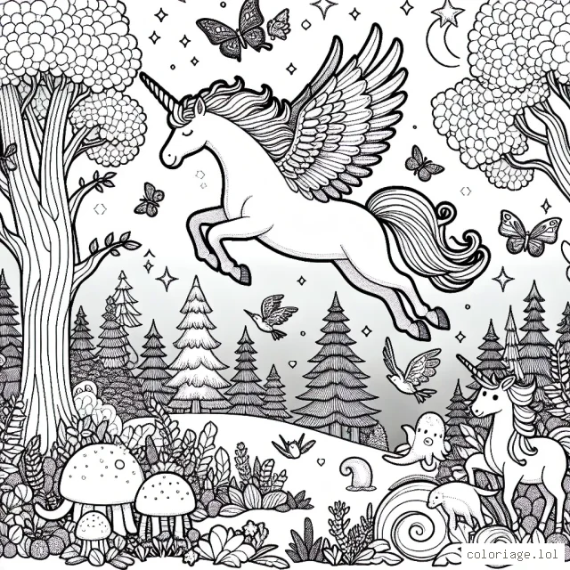 Le vol majestueux de la licorne au-dessus de la forêt enchantée peuplée par des créatures magiques.