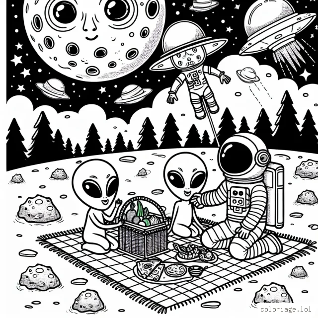 Un astronaute qui fait un pique-nique sur la lune avec des extraterrestres