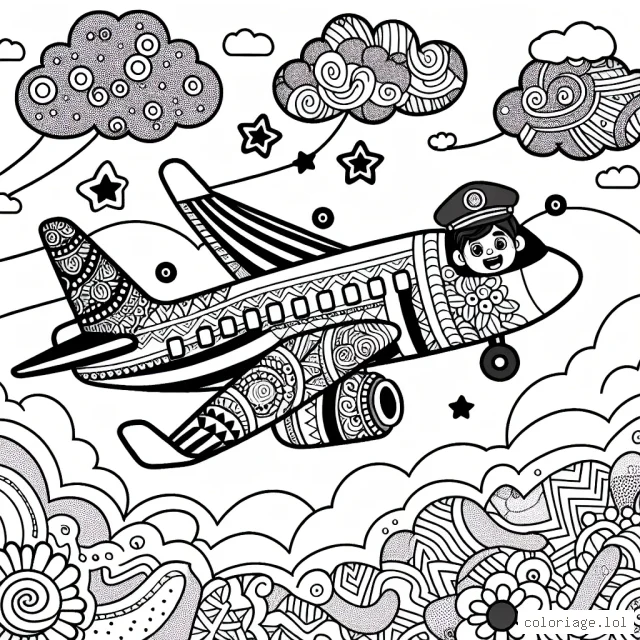 Imaginez un avion qui vole haut dans le ciel éclatant de couleurs avec des nuages flottants aux formes amusantes aux côtés. C'est une journée d'été vibrante et l'avion est un modèle à réaction, orné des motifs les plus fous que vous pouvez imaginer. De plus, nous avons un pilote souriant qui vous salue depuis le cockpit.