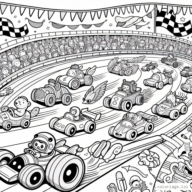 Une scène de course palpitante avec des voitures de différentes formes et tailles se précipitant sur la piste. Certains ont des ailes, d'autres ont des roues géantes, tandis que d'autres ressemblent à des animaux. Il y a des bannières flottantes, des hot-dogs volants et des personnages amusants qui regardent le spectacle. Sauras-tu donner des couleurs à cette scène pleine de vie ?