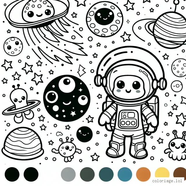 Un petit astronaute curieux parcourt l'univers rempli d'étoiles, de comètes et de planètes colorées. Il rencontre des extraterrestres amicaux venant de différentes planètes, chacun ayant une apparence et des couleurs uniques. Colorie l'astronaute, son vaisseau spatial et le paysage spatial extraordinaire qu'il explore.