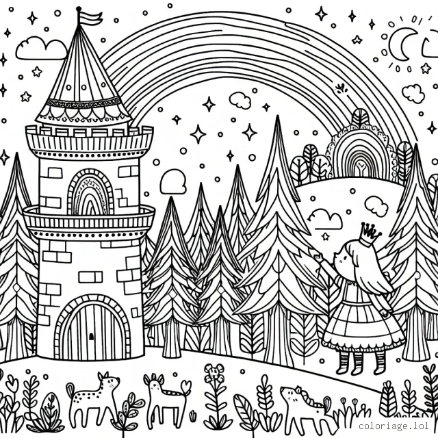 Une petite princesse contemple l'arc-en-ciel depuis le haut d'une tour d'un château fantastique, entourée par une forêt peuplée d'animaux féériques.