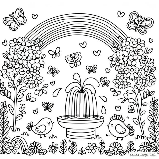 Un joli jardin fleuri, rempli de papillons et de petits oiseaux jouant près d'une fontaine décorée d'arc-en-ciel.