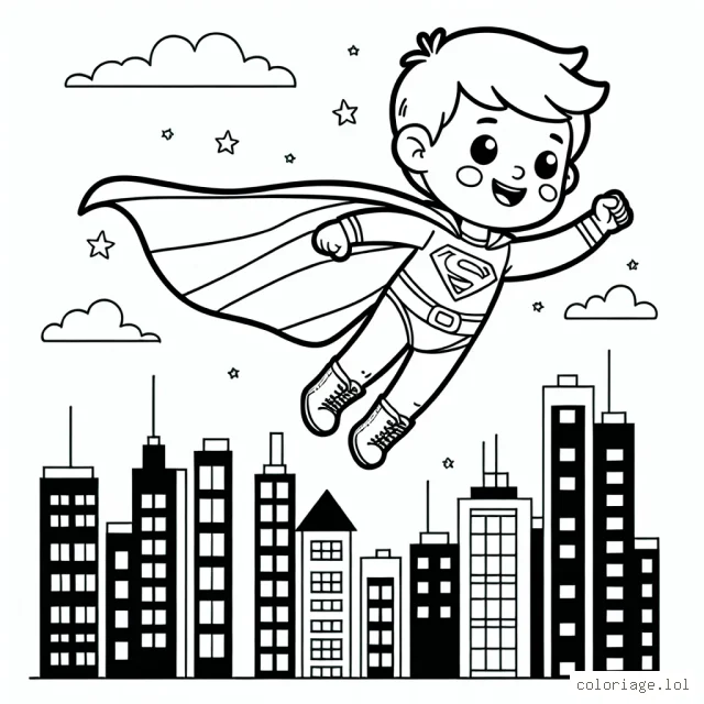 Un petit garçon avec une cape de super-héros volant au-dessus des toits de la ville