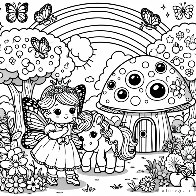 Un jardin féerique avec une petite princesse aux ailes de papillon se promène avec sa licorne magique près d'une maisonnette en forme de champignon, entourée de fleurs aux couleurs vives et d'arbres fruitiers aux fruits brillants. Des papillons volent autour d'elle. En arrière-plan, un arc-en-ciel traverse le ciel.
