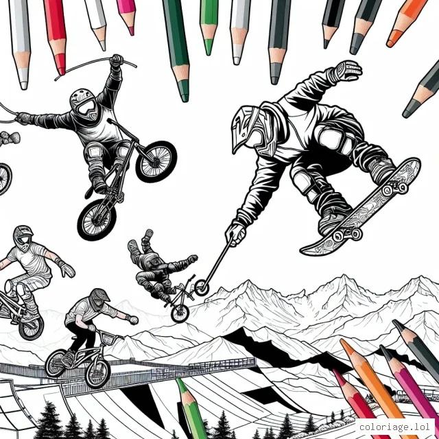 Un tout nouveau défi de coloriage vous attend! Imaginez des sports extrêmes comme vous ne les avez jamais vus. Êtes-vous prêt à ajouter vos couleurs préférées à ces incroyables sportifs réalisant des acrobaties époustouflantes?