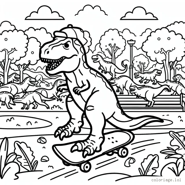 Un féroce dinosaure T-Rex faisant du skateboard dans un parc remplit d'autres dinosaures