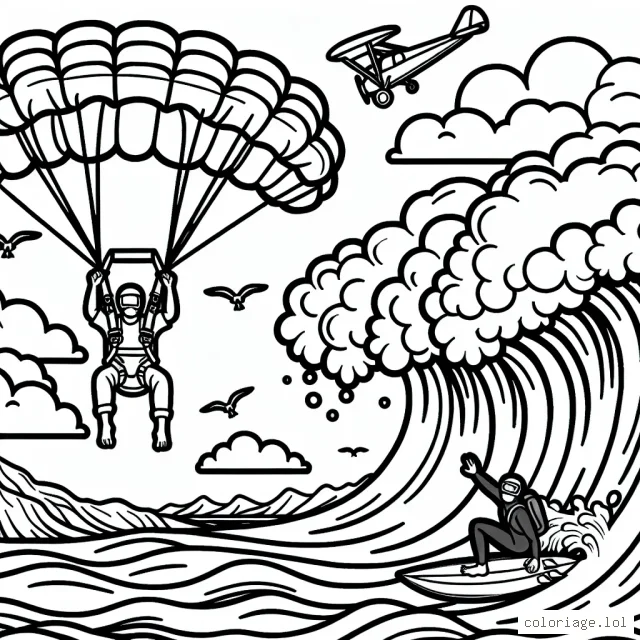 Scène d'excitation extrême avec un parachutiste plongeant dans les nuages audacieux et un surfeur domptant une vague géante.