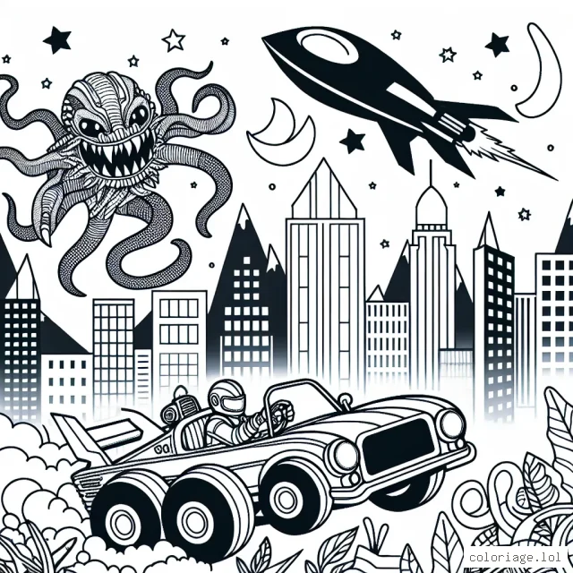 Imagine et colorie un super héros à bord de sa puissante voiture de course, combattant le monstre tentaculaire qui envahit la ville !