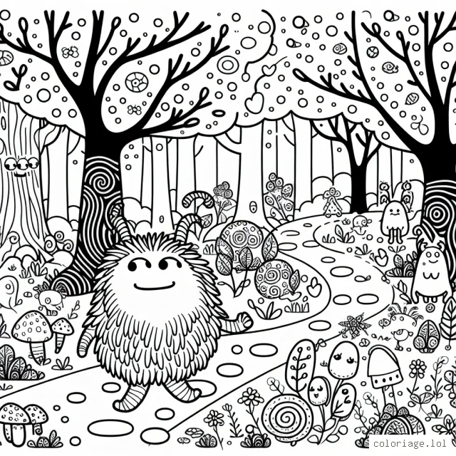 Un gentil monstre se promène dans une forêt enchantée remplie de créatures fantastiques et d'arbres mystiques.