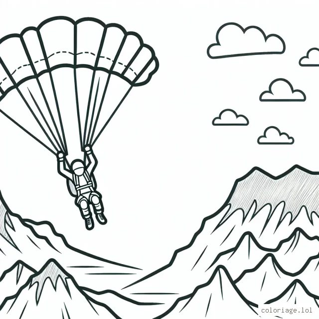 Un parachutiste exécutant un trick extrême sur fond de montagnes découper au crayon