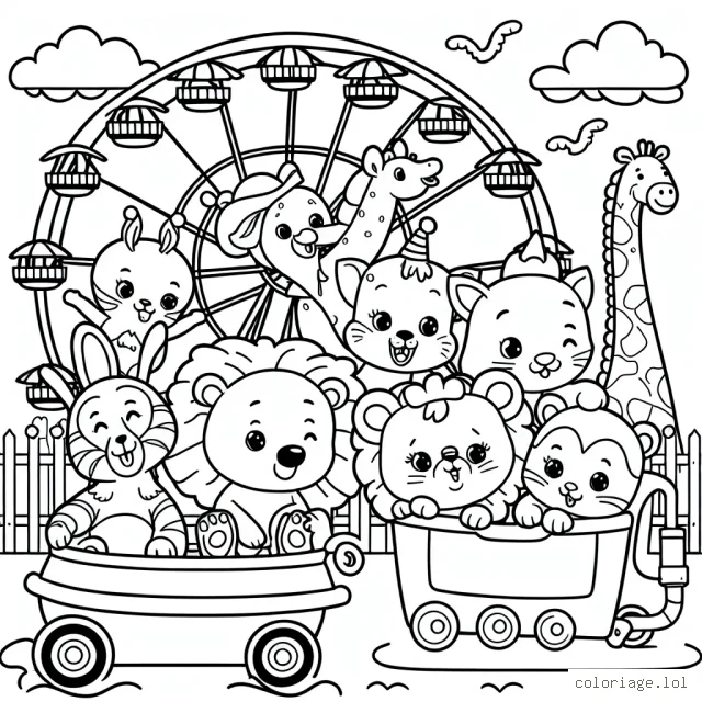 Un dessin où un groupe d'animaux du zoo s'amuse dans un parc d'attractions.