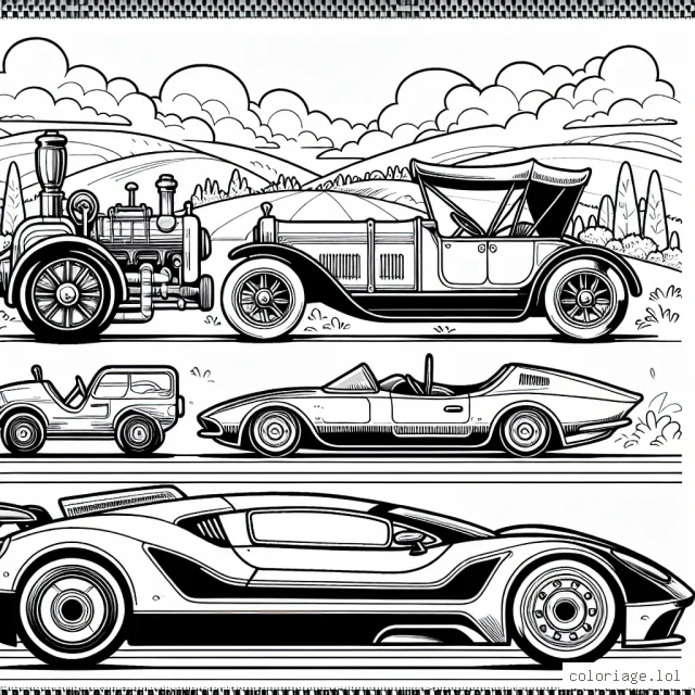 Sur cette page, tu as trois voitures différentes à colorier : une de course, une antique et une futuriste. Il y a aussi un beau paysage autour d'elles pour que tu puisses t'y exprimer.