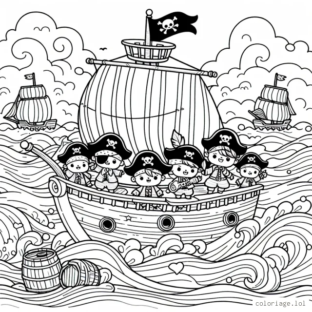 Une bande de pirates sur leur navire voguant à travers les vagues déchaînées à la recherche d'un trésor perdu.