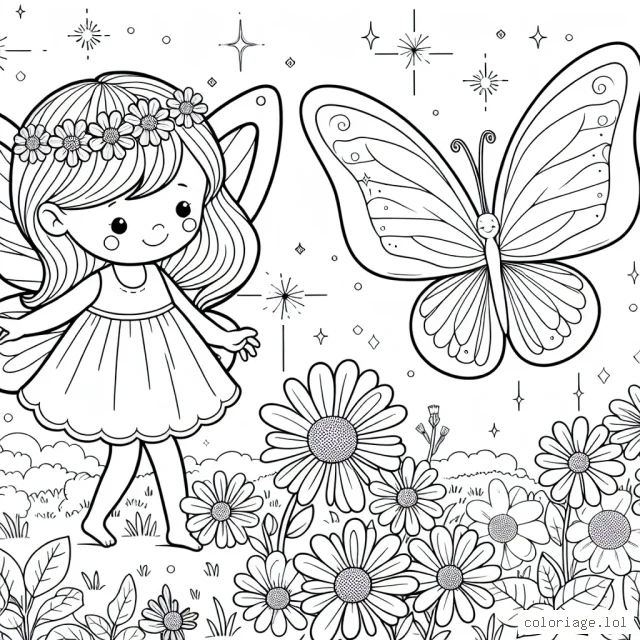 Une petite fée joue dans un champ de fleurs avec son meilleur ami, un papillon chatoyant.